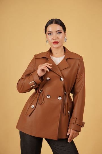 Palerin Detaylı Suni Deri Kısa Trençkot