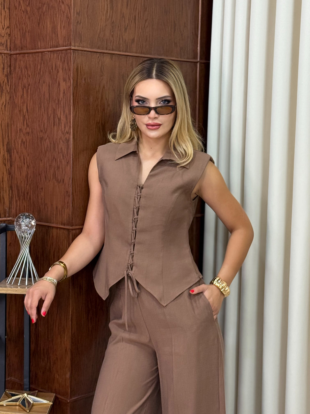 Bağcık Detaylı Yelek ve Pantolon Takım