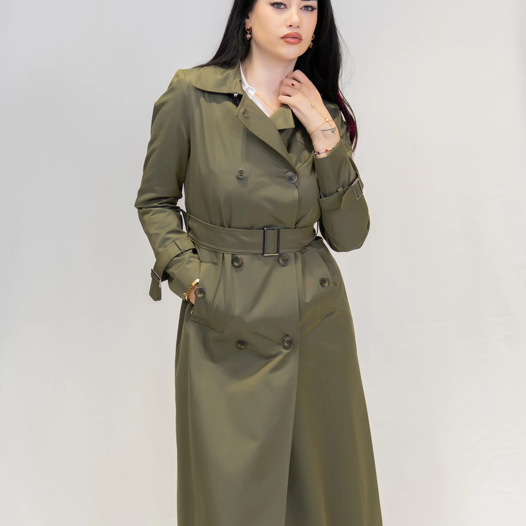 Kruvaze Gömlek Yaka Su İtici Özellikli Uzun Trençkot