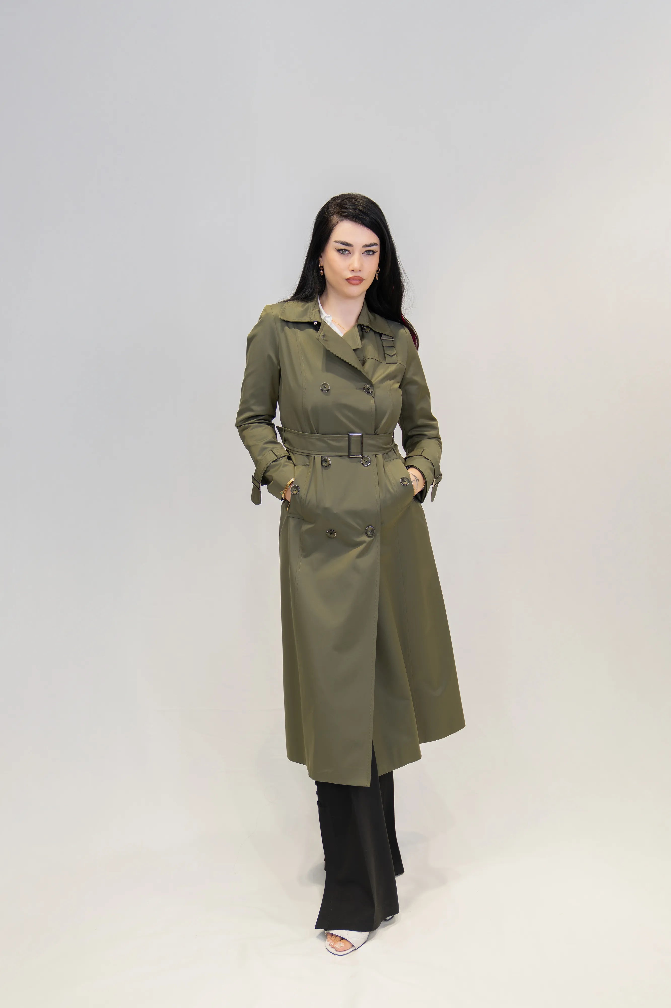 Kruvaze Gömlek Yaka Su İtici Özellikli Uzun Trençkot