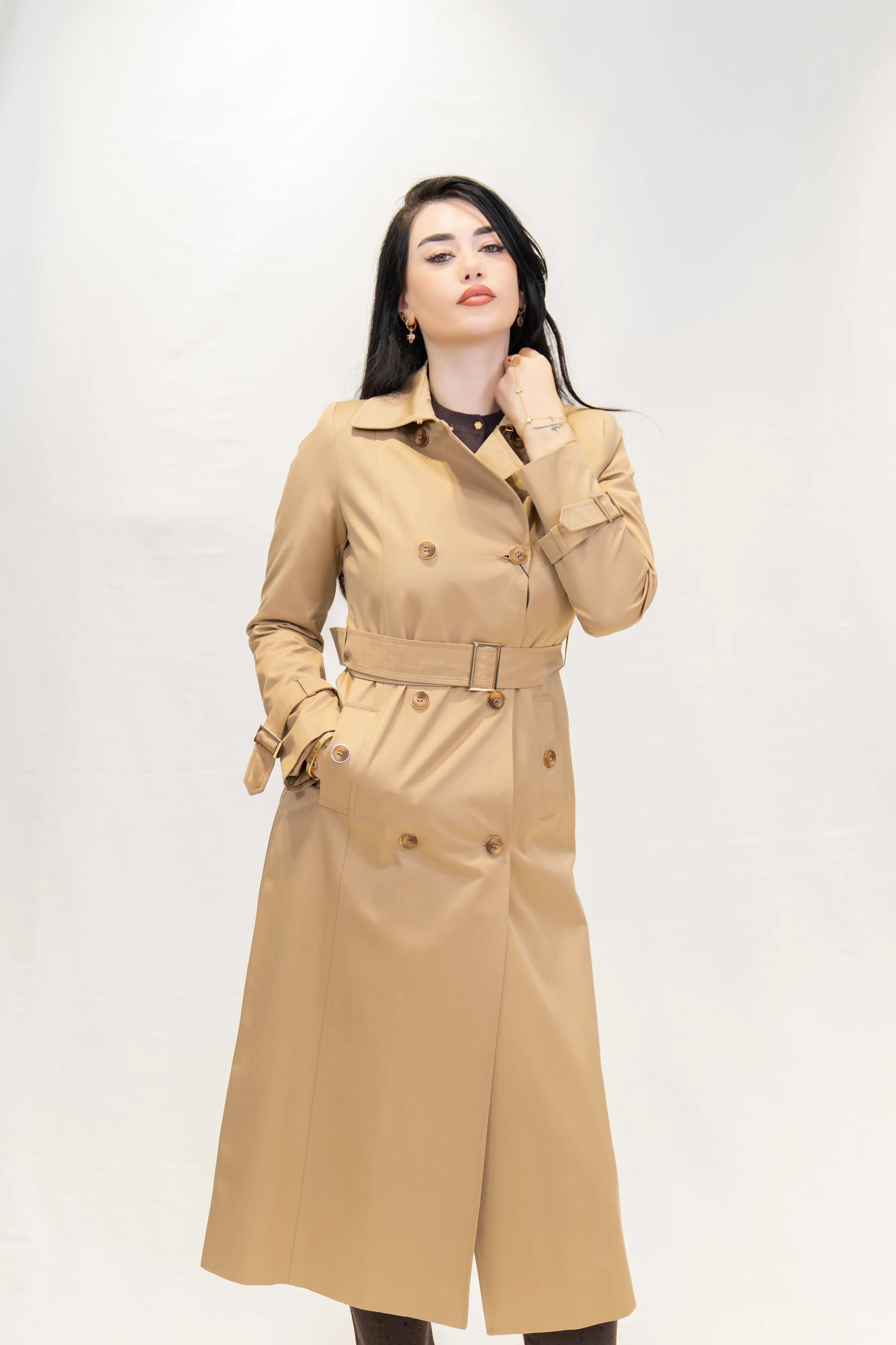 Kruvaze Gömlek Yaka Su İtici Özellikli Uzun Trençkot