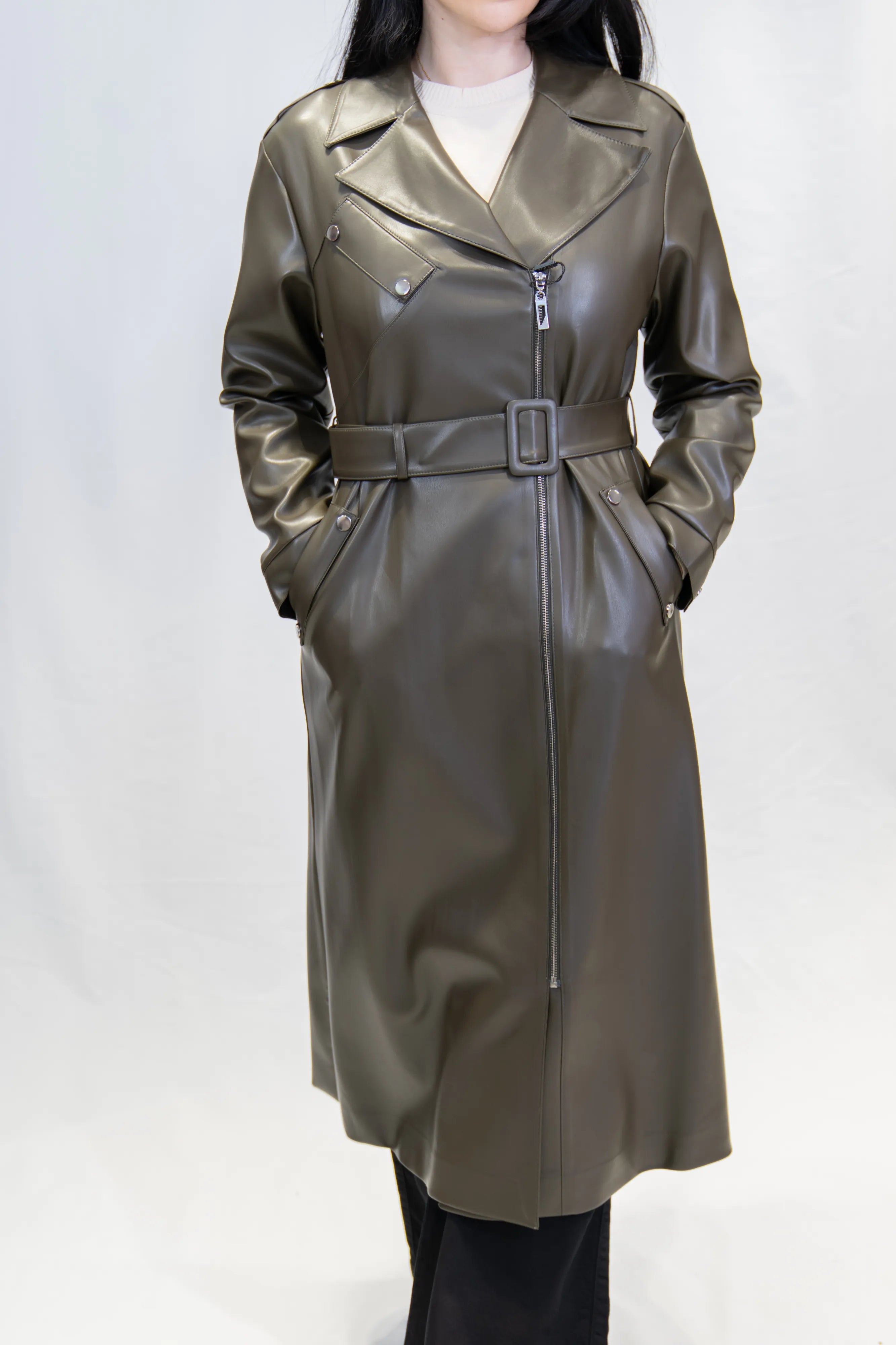 Fermuar Detaylı Suni Deri Uzun Trençkot