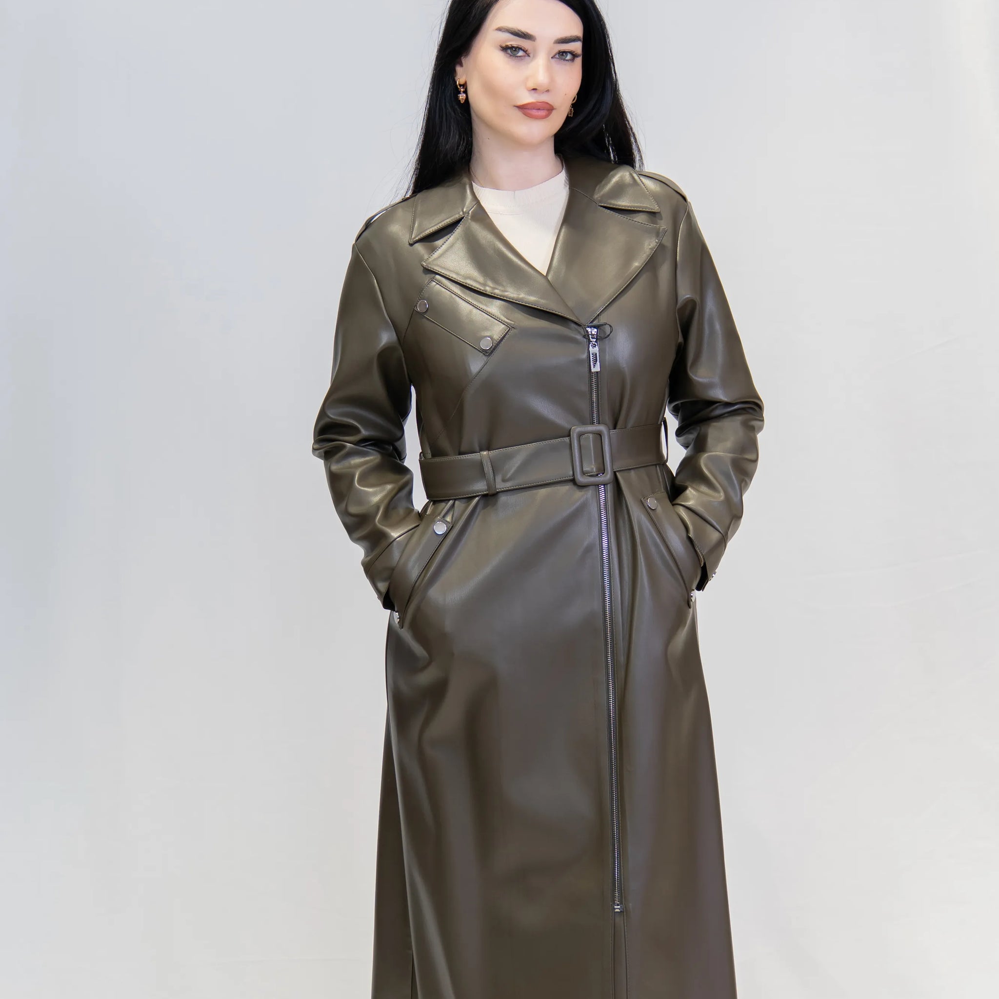 Fermuar Detaylı Suni Deri Uzun Trençkot