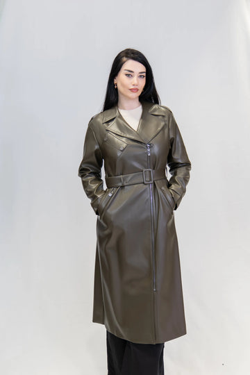 Fermuar Detaylı Suni Deri Uzun Trençkot