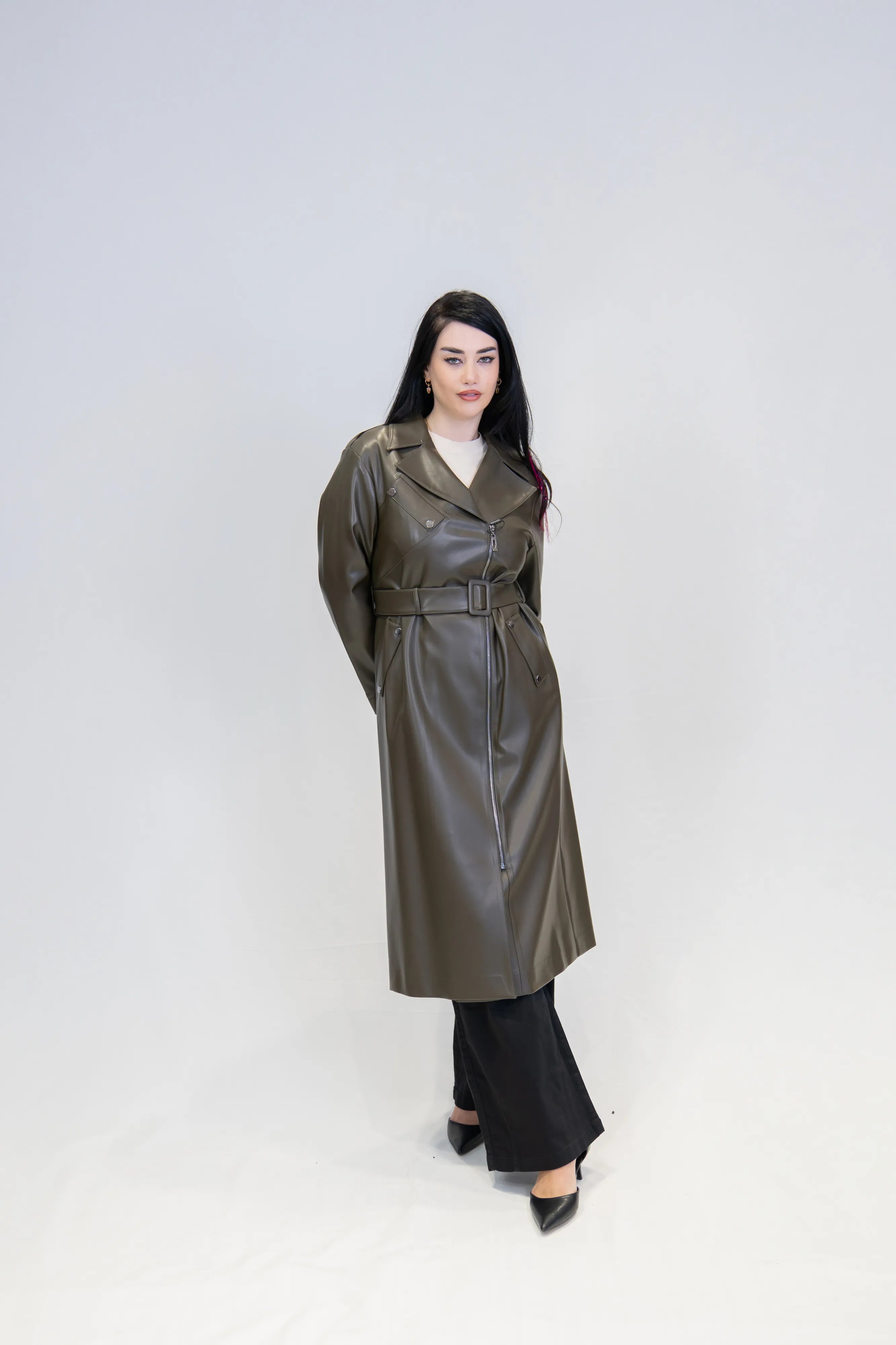 Fermuar Detaylı Suni Deri Uzun Trençkot